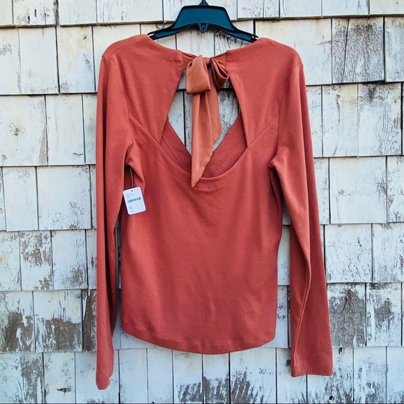 NWT Free People Terracotta Taupe V-Neck Long Sleeve Top with Tie Back Size XL - Picture 2 of 8